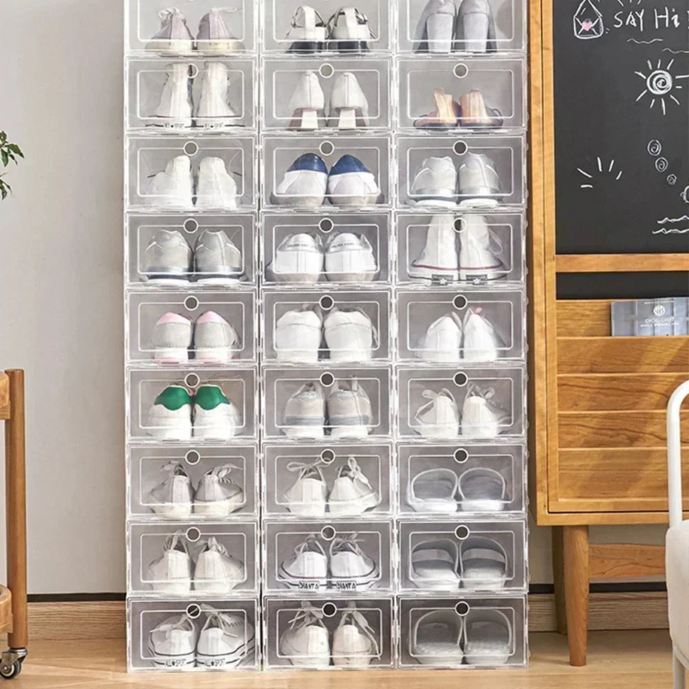 6pcs Transparent Shoe Boxes Stackable Shoe Cases Storage Plastic Shoes Box Dustproof Sneaker Boxes Shoes Furniture Organizers