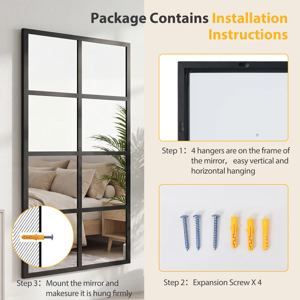 JHK 16" x 32"  Set of 2 Standing Hanging Full Body Wall Mirror Rectangle Window Pane Decorative Mirror Metal Framed Mirror