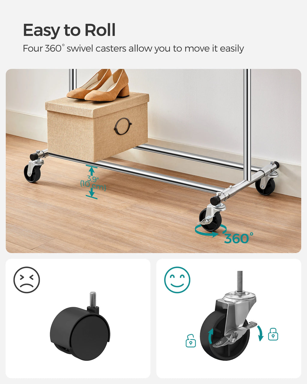 SONGMICS Clothes Rack with Wheels, Heavy-Duty Clothing Rack for Hanging Clothes, Portable, 17.7 x (36.2-52) x 63.6 Inches, with