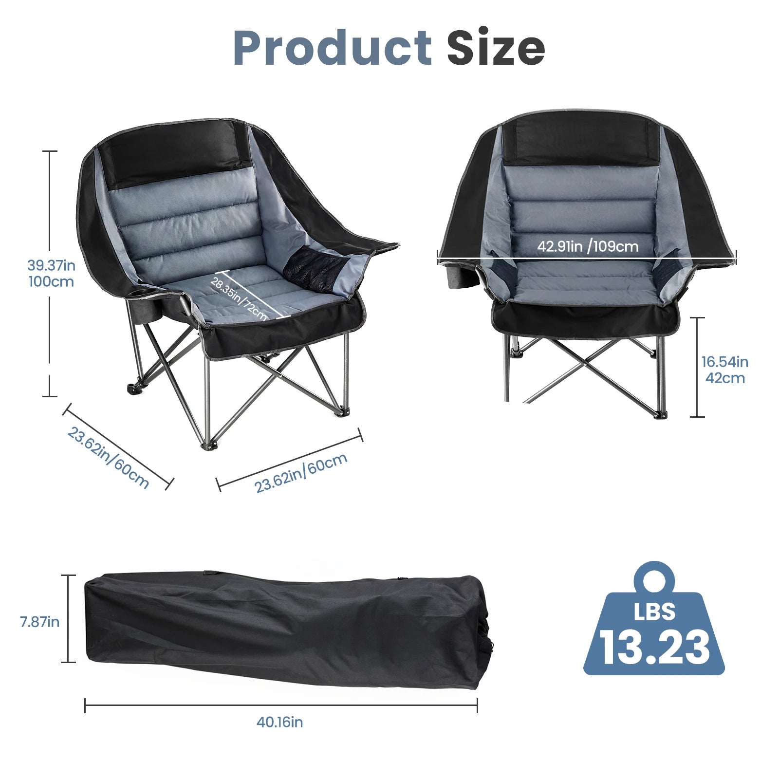 JHK 450lbs Oversized Camping Chair Folding Chair with Cup Holder Padded Armrests Sturdy Steel Frame Outdoor Picnic Chair