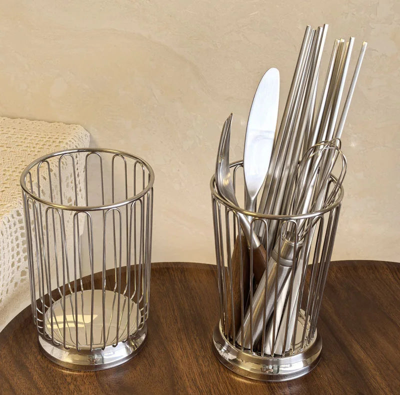 1pc Cutlery Drain Basket Stainless Steel Chopsticks Holder Fork Spoon Storage Basket Kitchen Desktop Hollowed-out Fruit Basket
