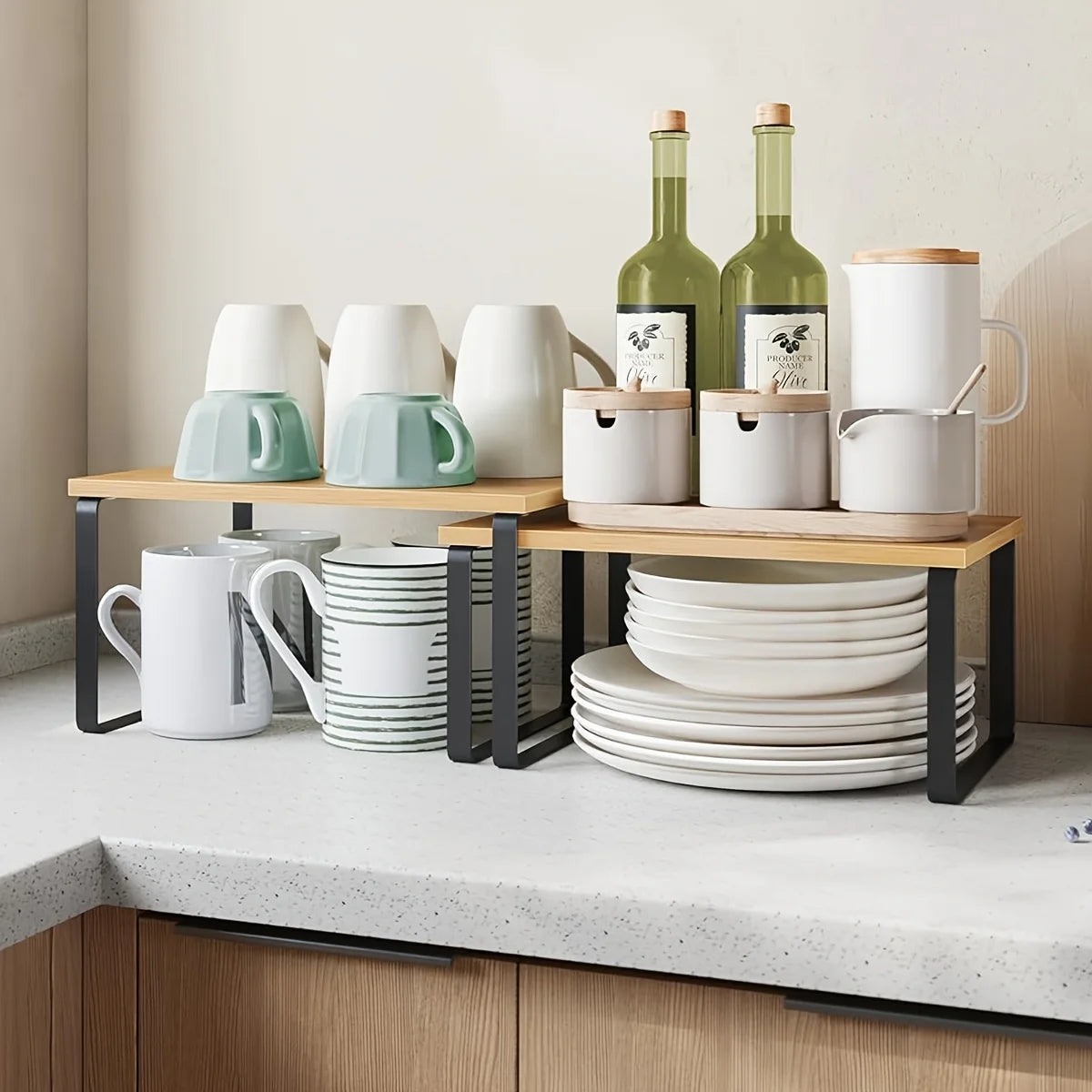 Kitchen Counter Shelves Spice Rack Set of 2, Stackable Cabinet Organizer Shelf, Expandable Kitchen Shelves Organizer for Kitchen