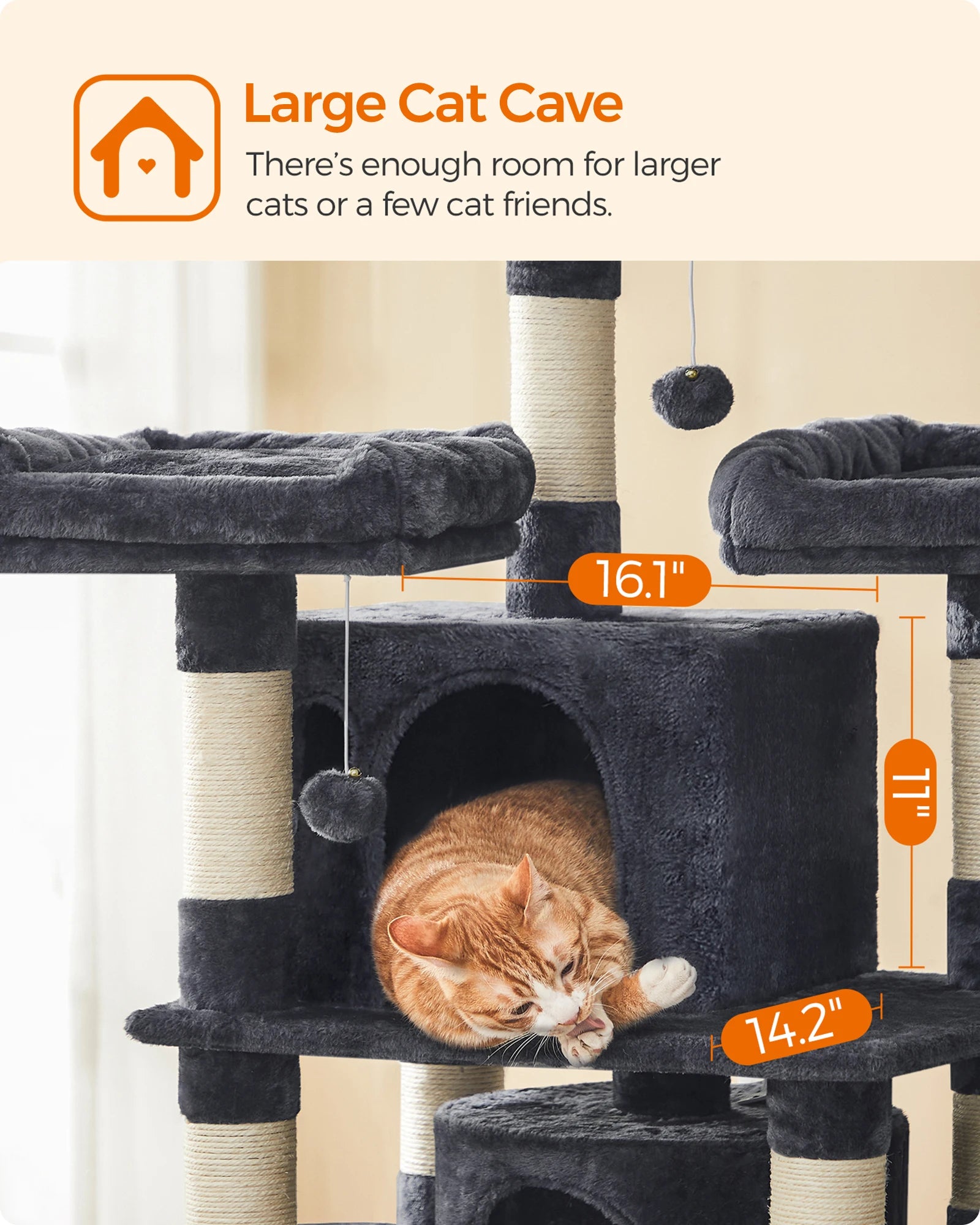 Feandrea 67 Inches Multi-Level Cat Tree for Large Cats, with Cozy Perches, Stable,
