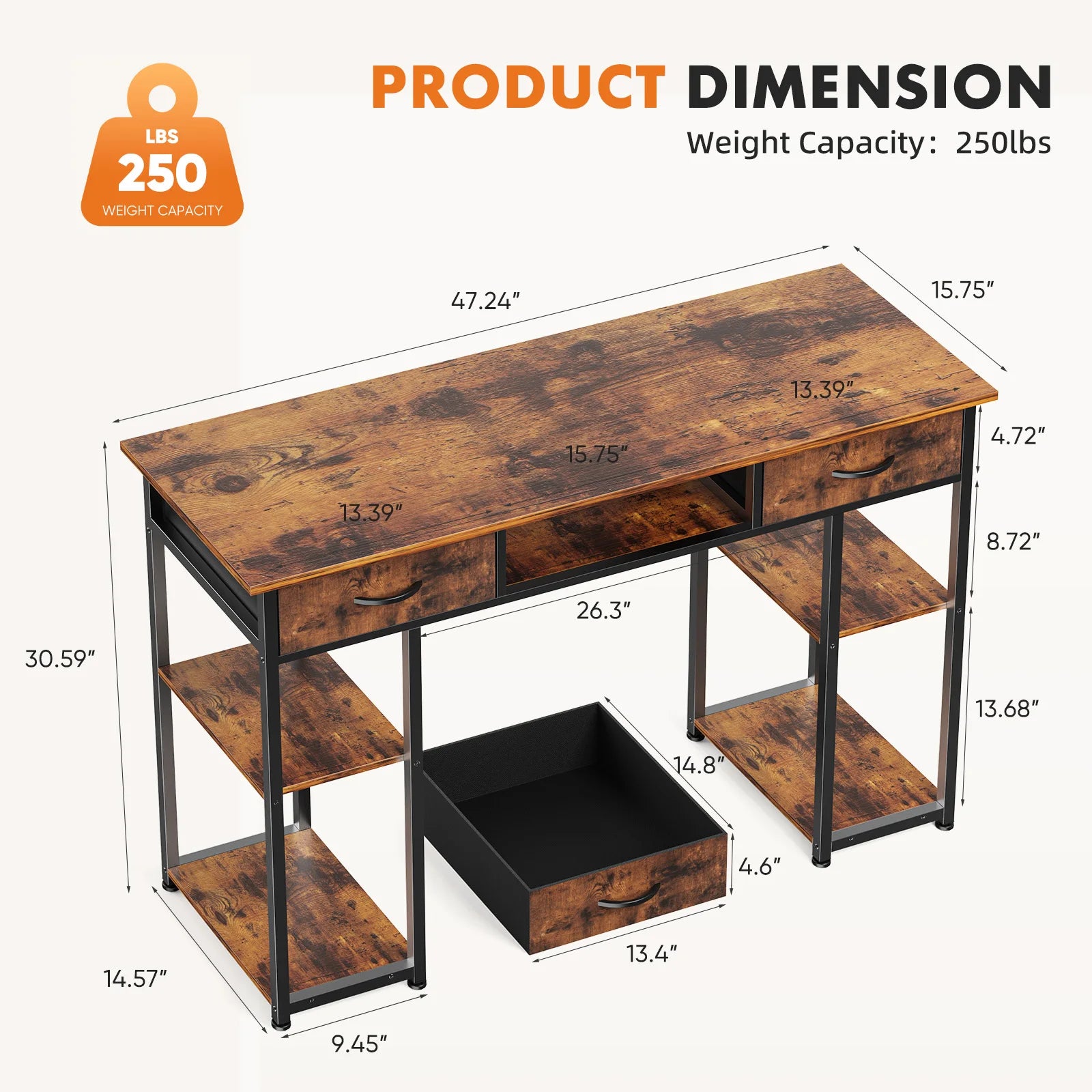 JHK 48 Inch Computer Gaming Desk with Fabric Drawers Storage Shelves Metal Frame Adjustable Feet Table For Bedroom Home Office