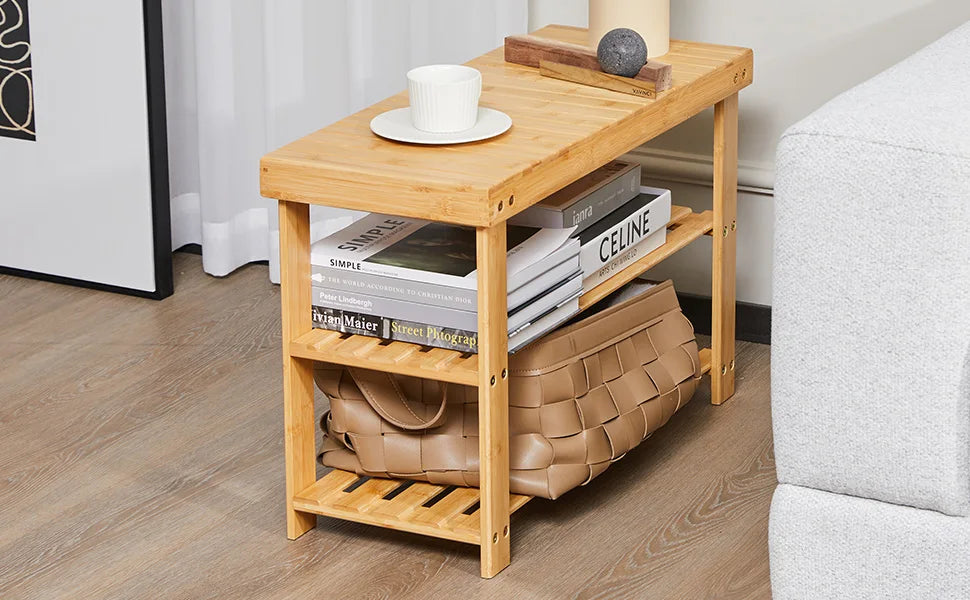JHK Living Room 3-Tier Bamboo Shoe Rack Bench Holds Up to 286 lb Storage Organizer Easy Assemble Suitable for Bedroom Balcony ﻿
