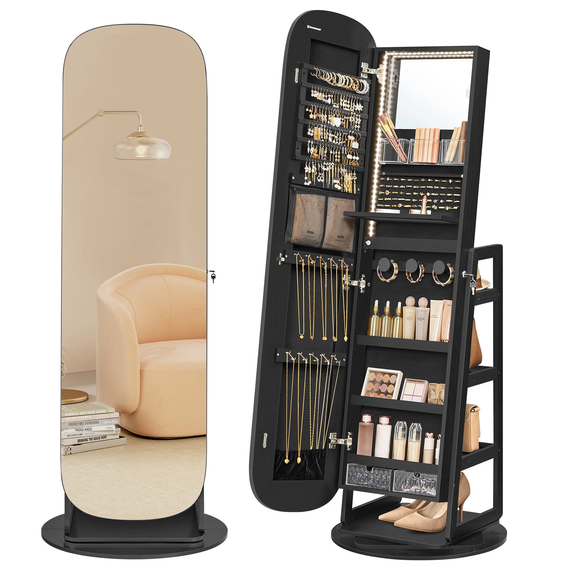 SONGMICS LED Jewelry Cabinet, 360° Swivel Jewelry Organizer, Lockable Mirror Jewelry Cabinet Standing, Interior Mirror