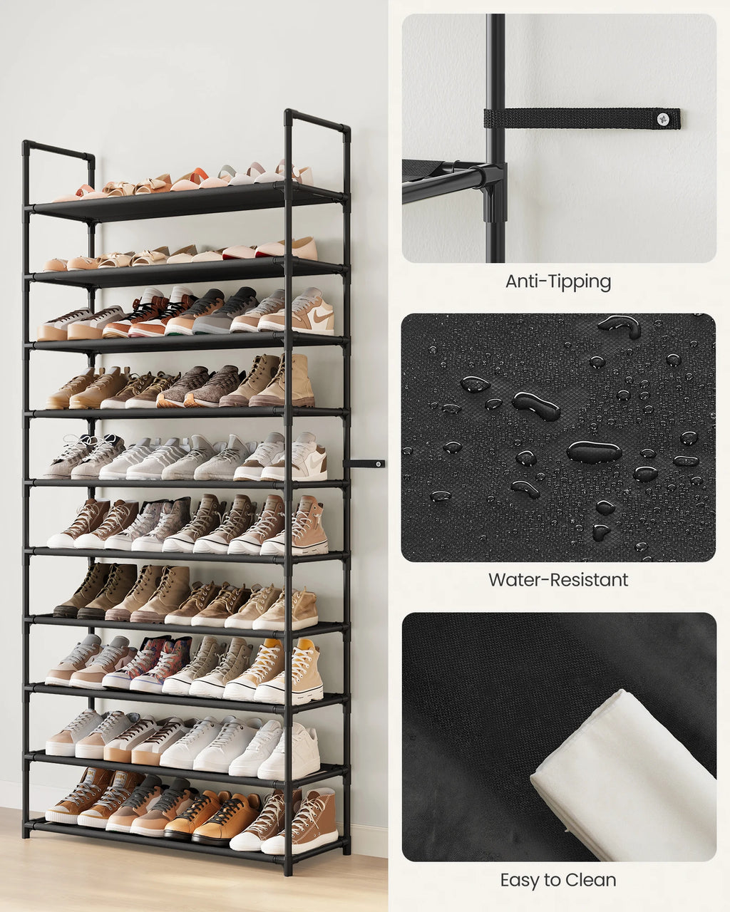 SONGMICS Shoe Rack, 10-Tier Shoe Shelf, Shoe Storage Organizer, 11 x 32.7 x 68 Inches, Metal Frame, Non-Woven Fabric Shelves, fo