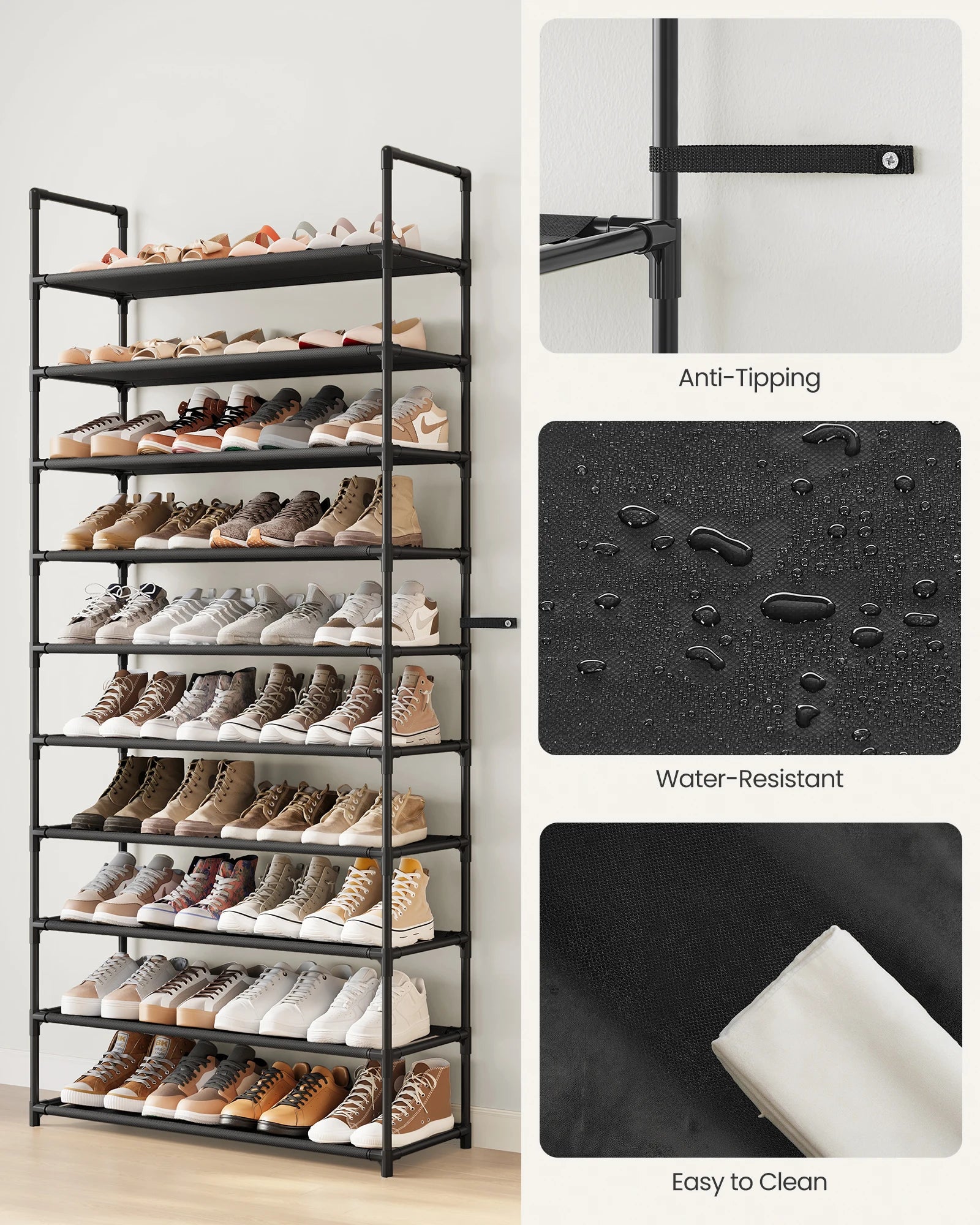 SONGMICS Shoe Rack, 10-Tier Shoe Shelf, Shoe Storage Organizer, 11 x 32.7 x 68 Inches, Metal Frame, Non-Woven Fabric Shelves, fo