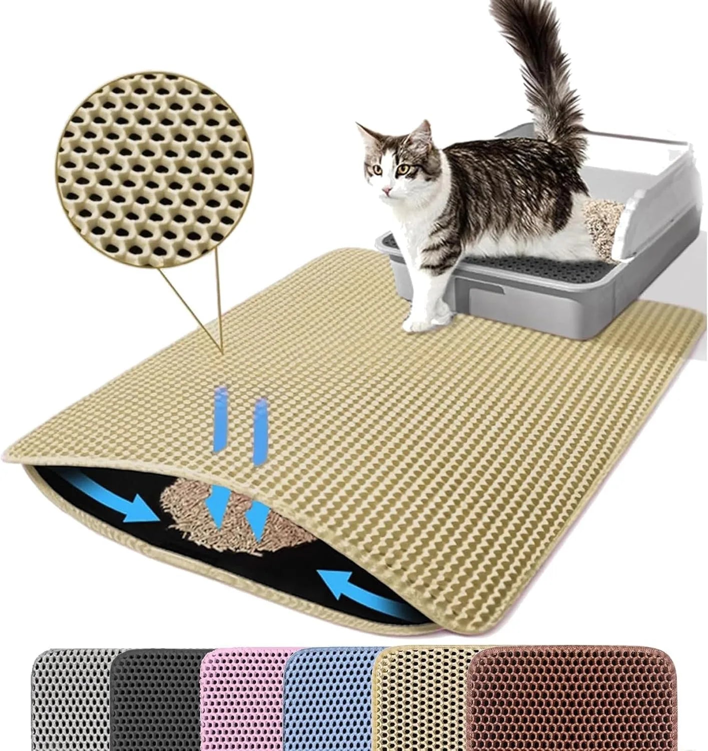 NEWc Large Size Cat Litter Mat-Advanced Honeycomb Double Layer Design,Urine Waterproof,Easy Cleaning,Scatter Control,Stay Clean