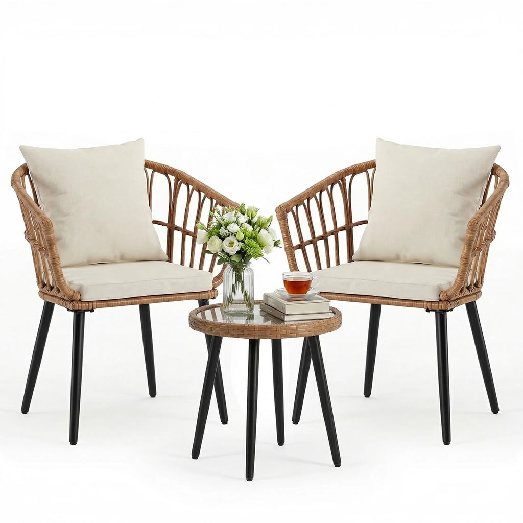 JHK 3 Pieces Wicker Patio Outdoor Set with Soft Cushion and Glass Steel Frame Table Manual Weaving Patio Chairs For Garden Lawn