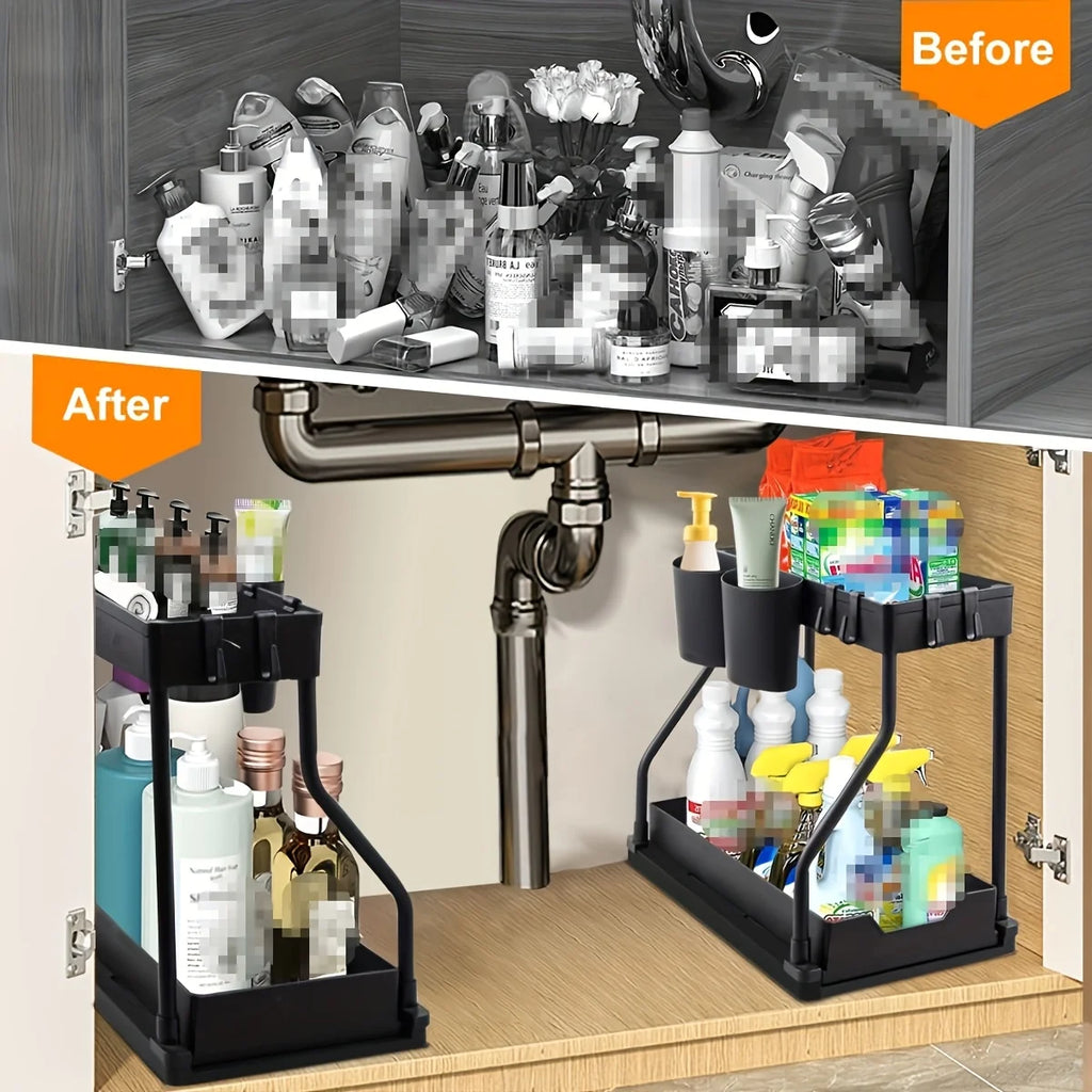 2 Tier Under Sink Organizer, Pull-Out Drawer Storage Rack, Multipurpose Kitchen Bathroom Shelf for Spice, Cosmetics, Toiletries