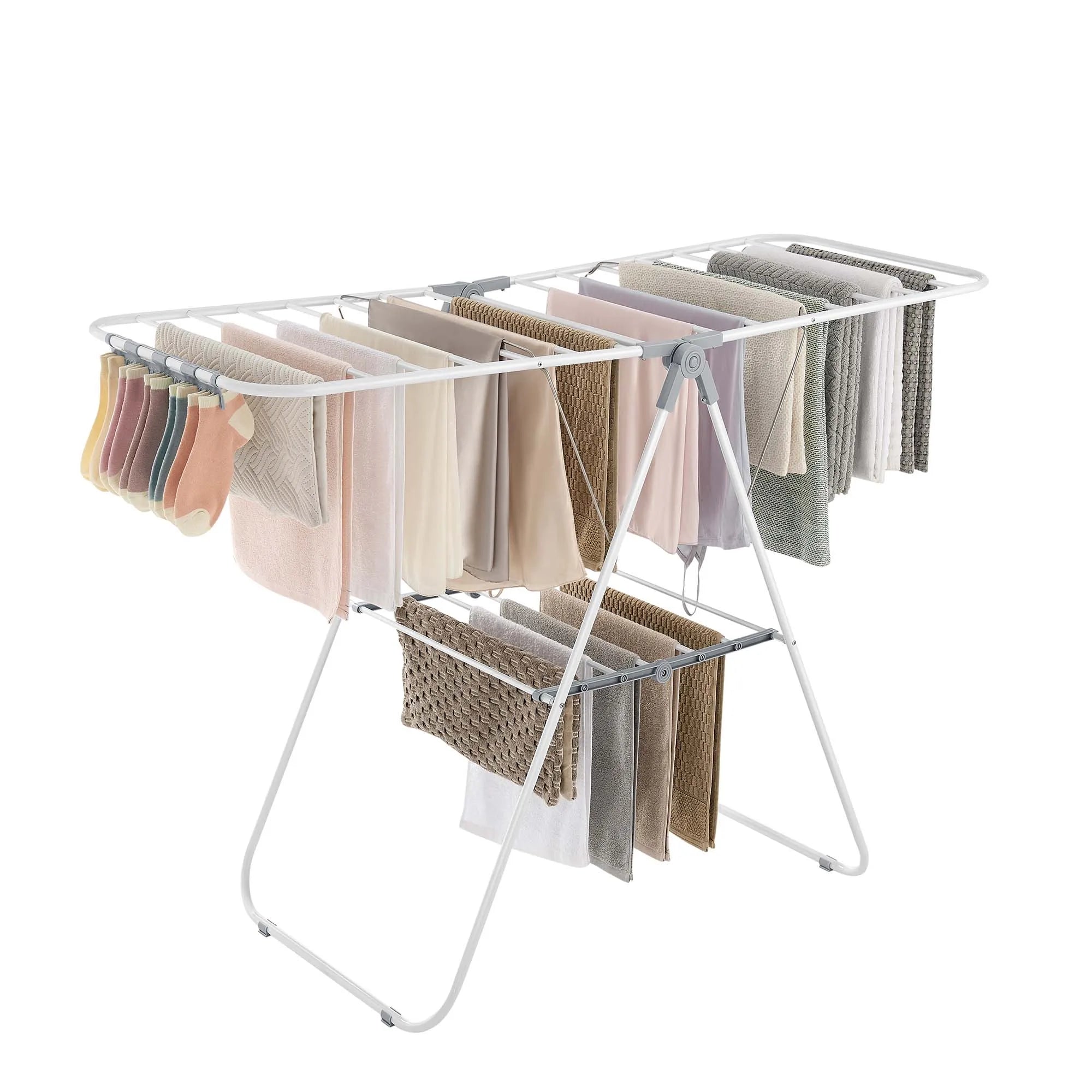 SONGMICS Clothes Drying Rack, with Sock Clips, Metal Laundry Rack, Foldable, Space-Saving, Free-Standing Airer, with 2 Height-Ad