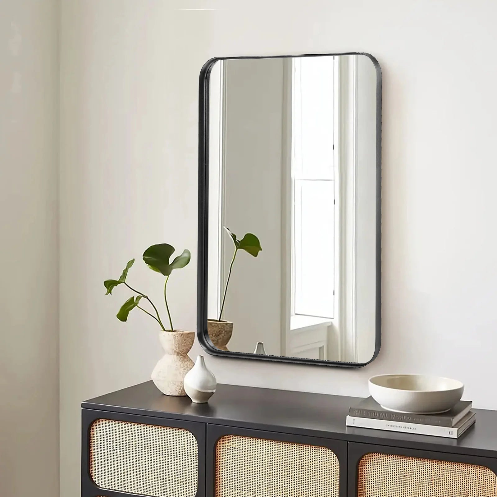 JHK 24x36 Inch Large Rectangle Vanity Framed Mirror for Wall Matte Metal Framed Modern Mirror Tempered Glass For Living Room