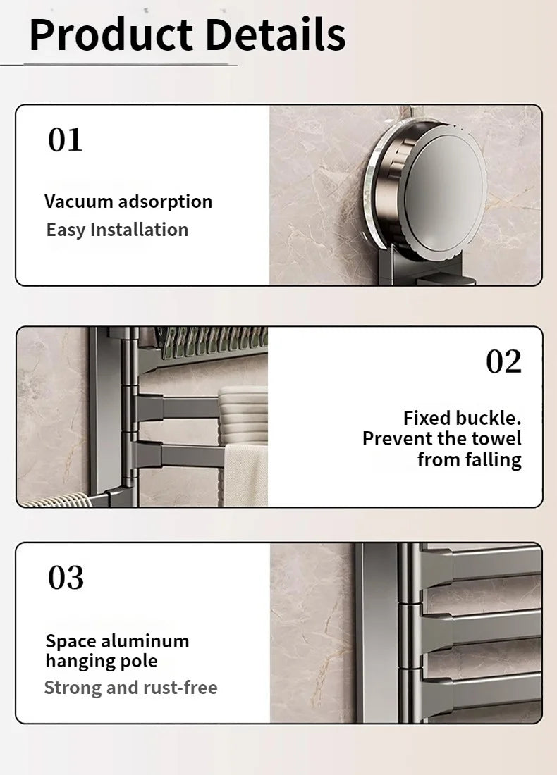 No Need To Drill Suction Cup rotating towel rack multi-bar folding rack towel rack Bathroom bath towel rack Kitchen storage rack