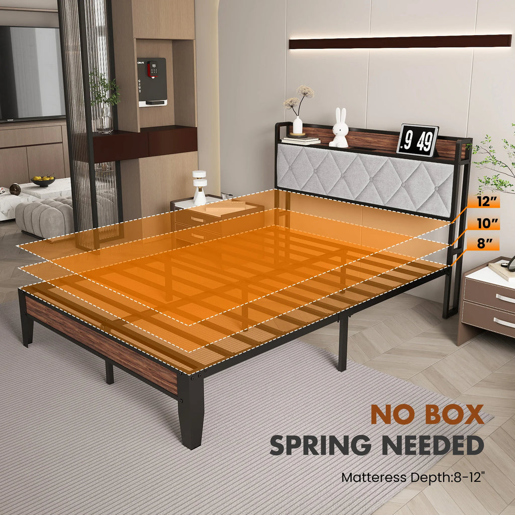 JHK King Size Soft Pack Heavy Duty Metal Bed Frame with Headboard Charging Station 1100lbs Capacity Easy Assembly For Bedroom