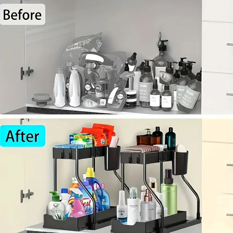2 Tier Under Sink Organizer, Pull-Out Drawer Storage Rack, Multipurpose Kitchen Bathroom Shelf for Spice, Cosmetics, Toiletries