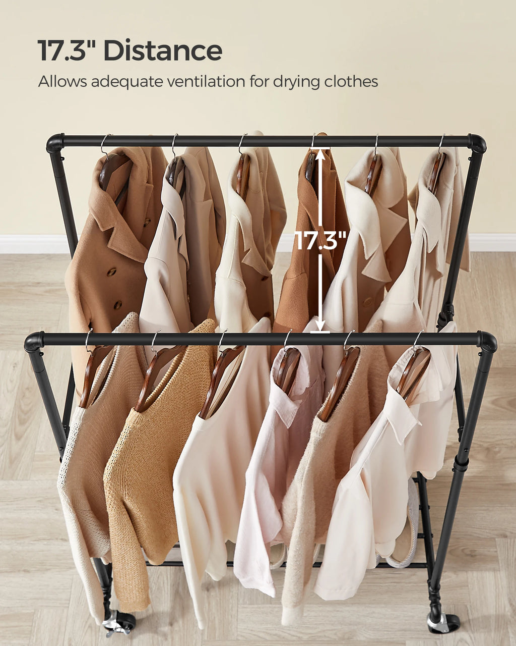 SONGMICS Heavy-Duty Clothes Rack, Double-Rod Clothing Rack for Hanging Clothes, Industrial Garment Rack on Wheels, Metal Frame,