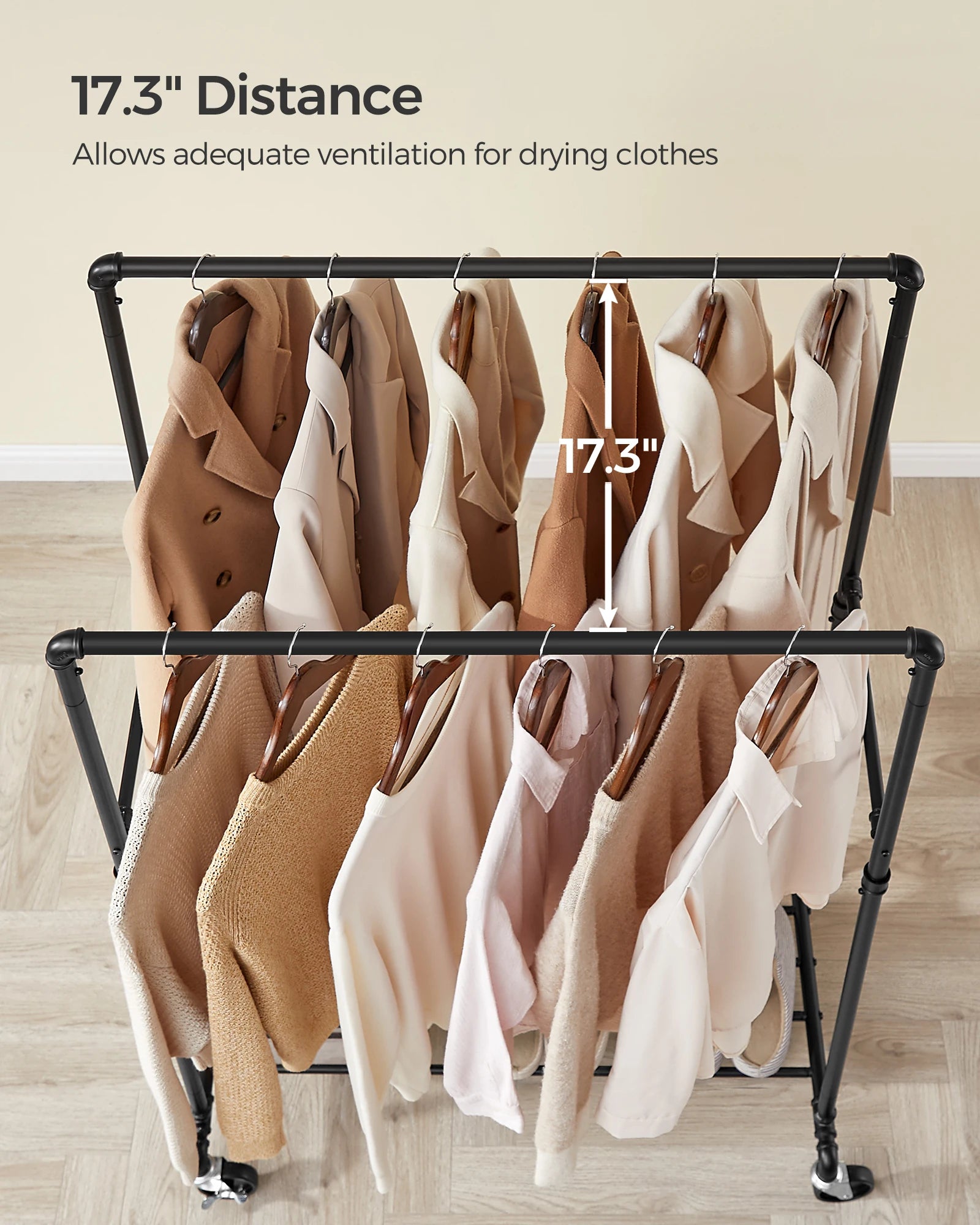 SONGMICS Heavy-Duty Clothes Rack, Double-Rod Clothing Rack for Hanging Clothes, Industrial Garment Rack on Wheels, Metal Frame,