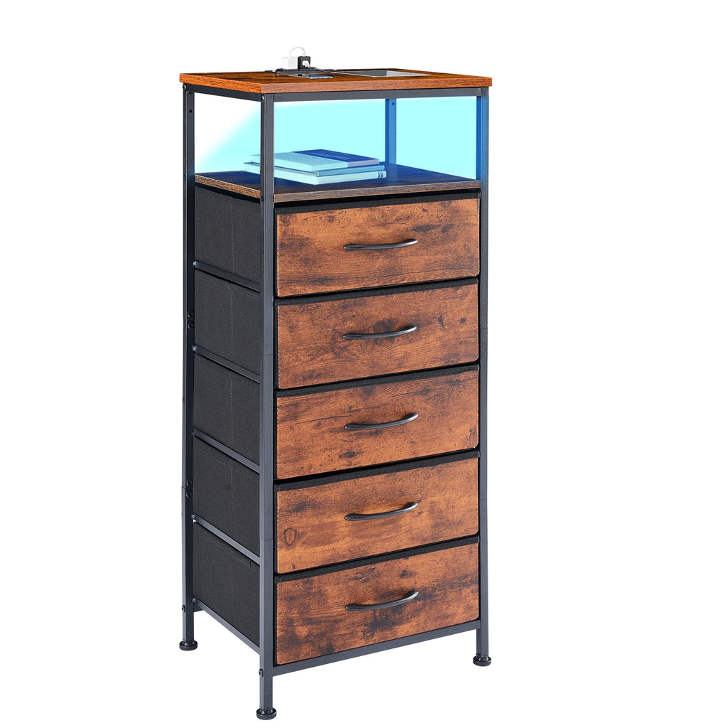 JHK Living Room 5 Fabric Drawers Cabinet With Charging Station and Outlets Adjustable Feet and Variable Light Strip Of Furniture
