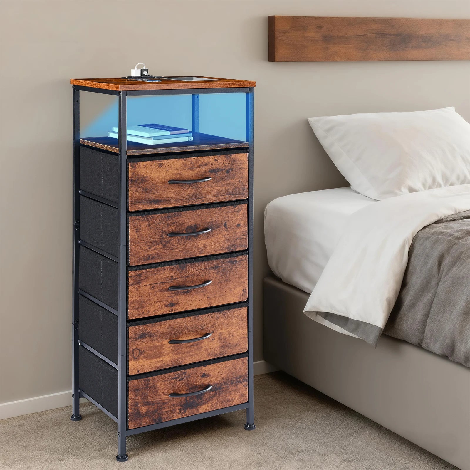 JHK Living Room 5 Fabric Drawers Cabinet With Charging Station and Outlets Adjustable Feet and Variable Light Strip Of Furniture
