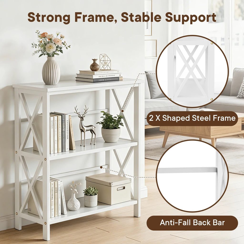 JHK 3 Tier Bookshelf with Wood Shelves Sturdy Wood Frame Heavy Duty X-Design Shelf Storage Organizer for Home Office
