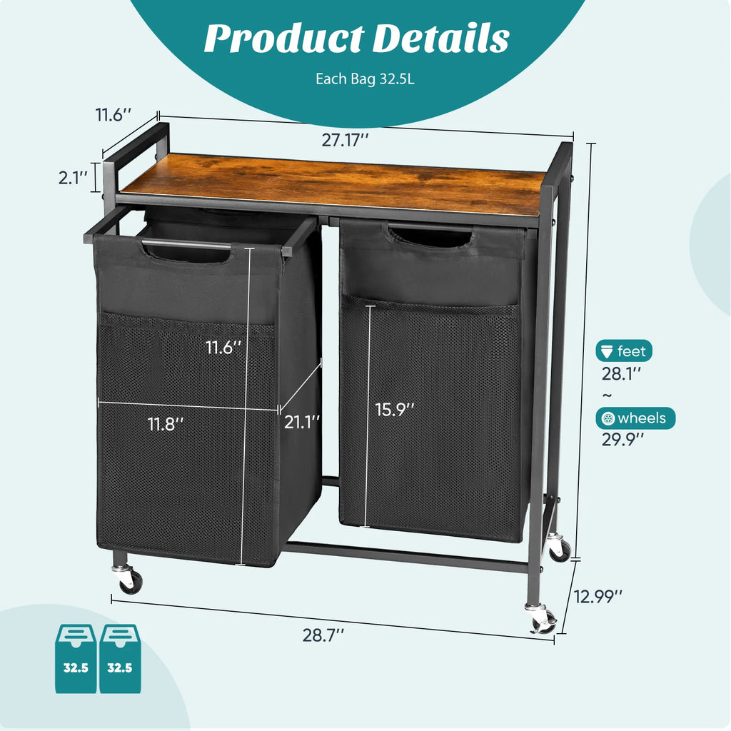 JHK 29IN Cabinets with Movable Wheels Metal Frame and Pull-Out Removable Sorter Bags Clothes Basket Organizer for Furniture
