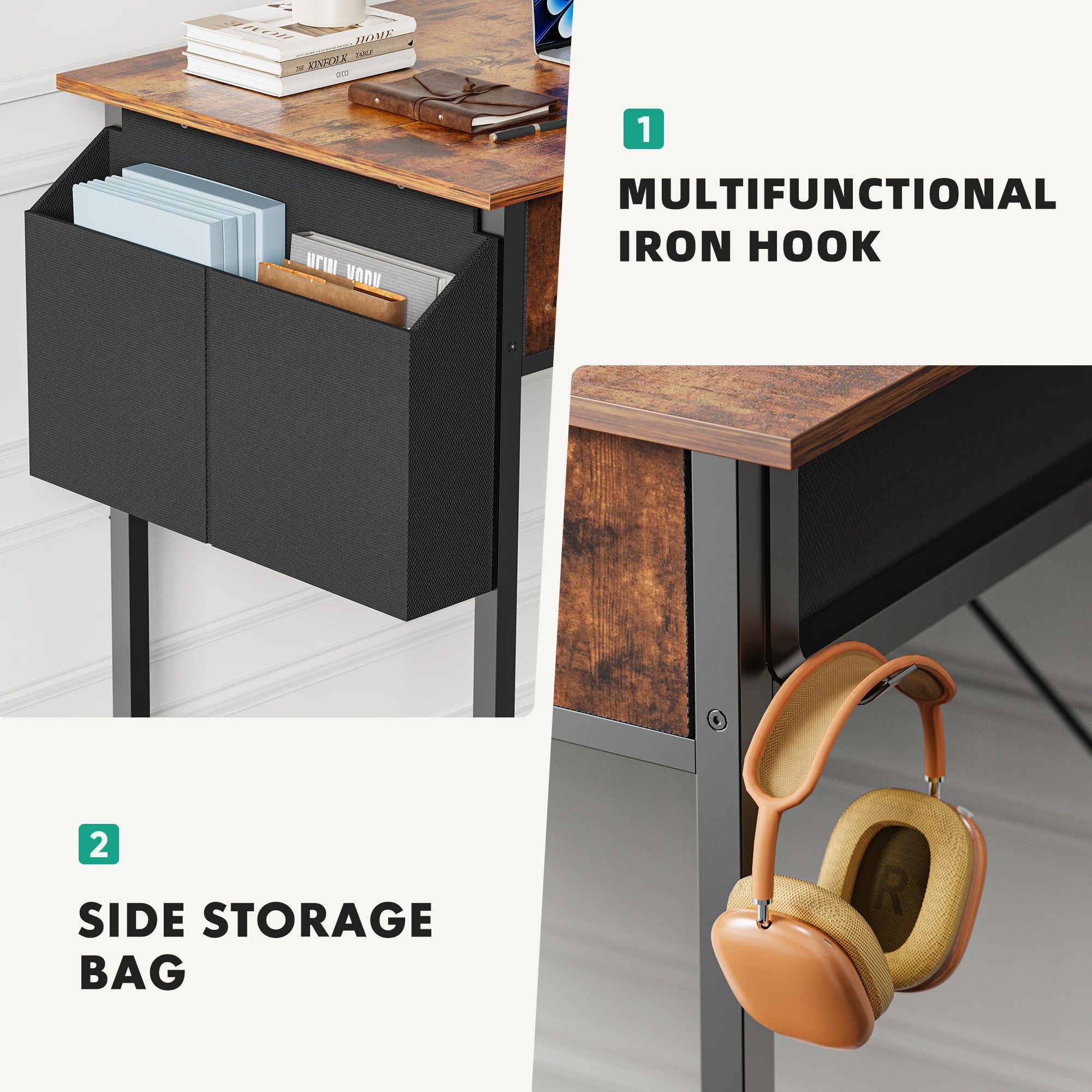 JHK Modern Office Computer Desk 32 Inch with Fabric Storage Drawers Space Side Bag Metal Frame Adjustable Feet For Home PC Table