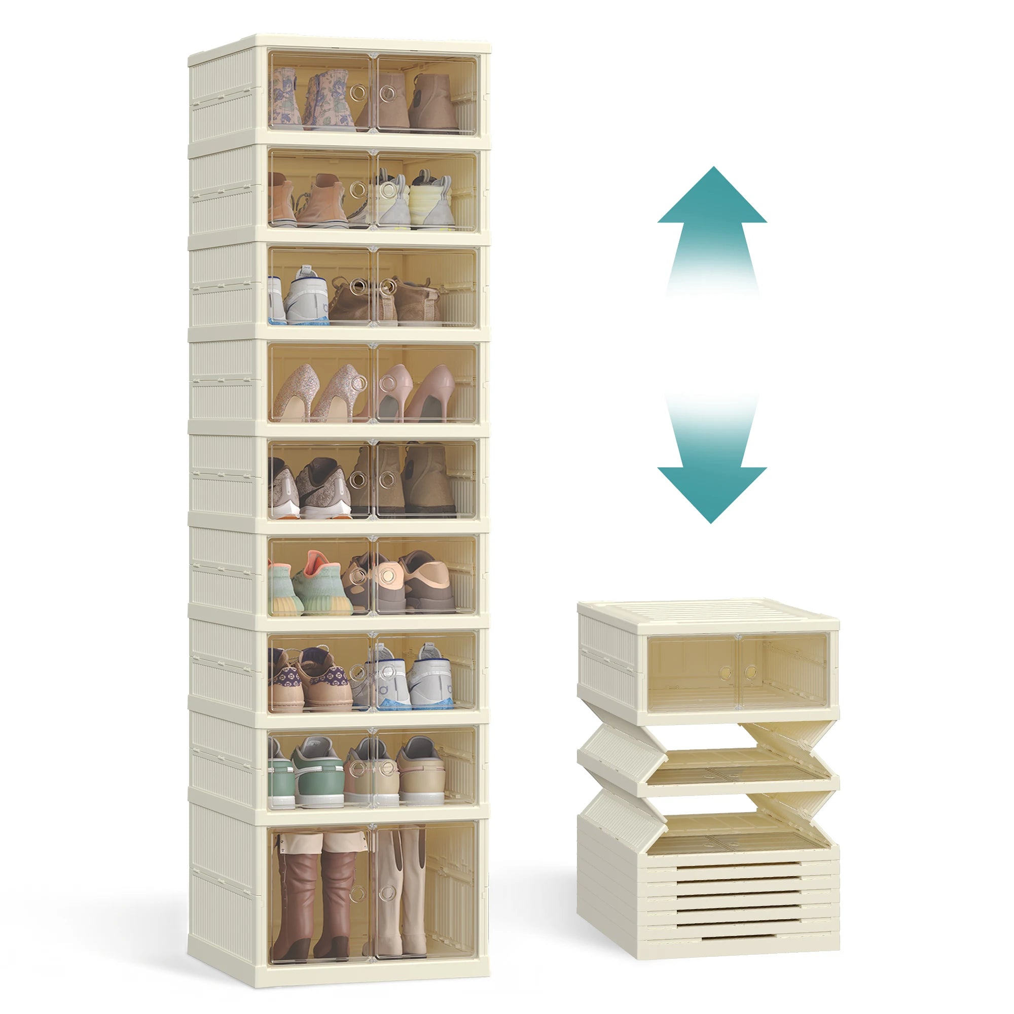 SONGMICS Foldble Shoe Storage Organizer for Closet, Stackable Sneaker Cabinet with Magnetic Door, Large Plastic Container Bins f