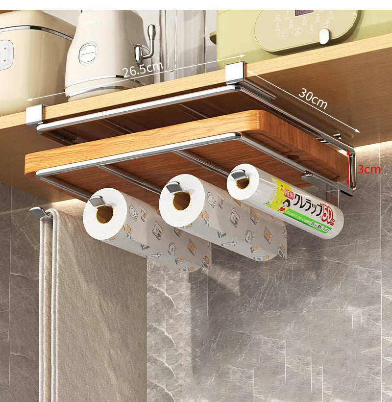 Under Kitchen Cabinet Hanging Organizer Cutting Board Storage Rack Paper Towel Holder No Punch Pot Lid Storage Kitchenware Hook