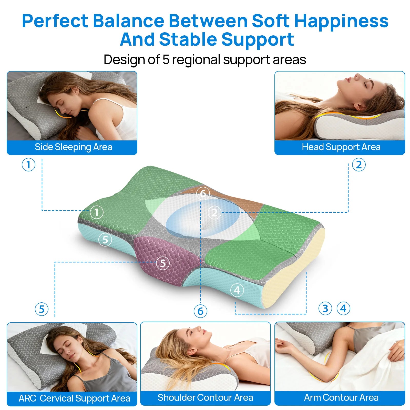 JHK Memory Foam Cervical Neck Double Sided Pillow Ventilated Cooling Ergonomic Bed Pillow Support Contour for Stomach Sleepers