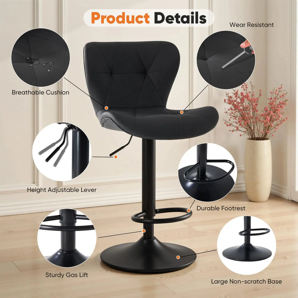 JHK Ergonomic Faux Leather Dining Chairs Set of 2 Adjustable Upholstered Swivel with Curved Backrest Metal Legs For Kitchen