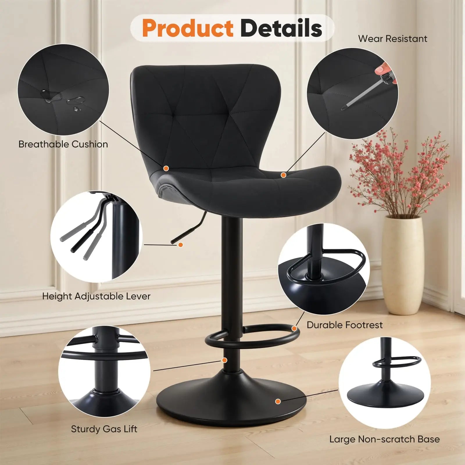 JHK Ergonomic Faux Leather Dining Chairs Set of 2 Adjustable Upholstered Swivel with Curved Backrest Metal Legs For Kitchen