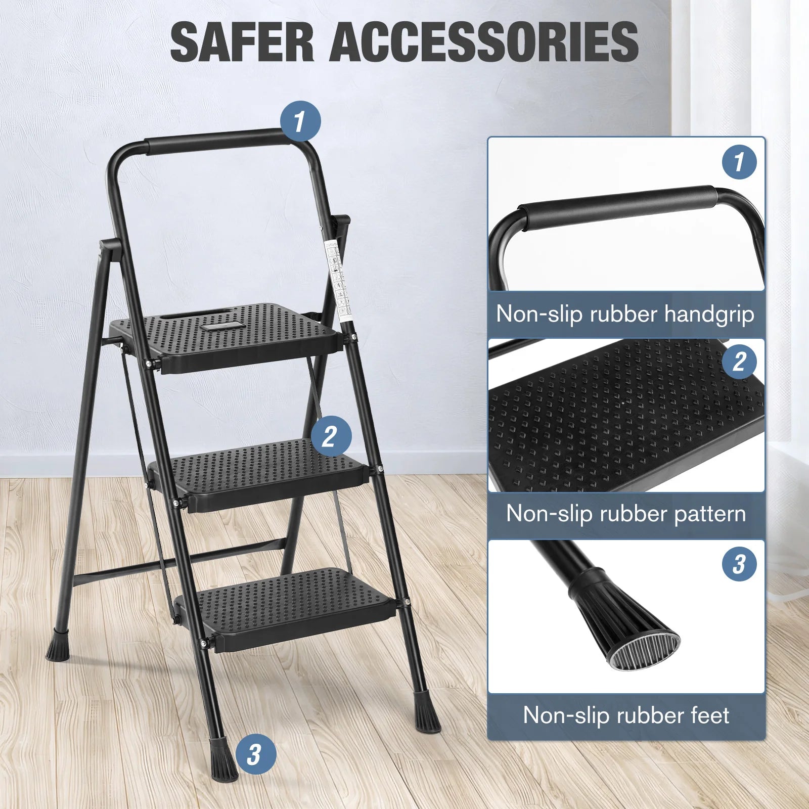 JHK Step Ladder Folding 2 Step Ladder Stool with Anti-Slip Pedal 800lbs Capacity Sturdy Steel Portable Cushioned Handle for Home