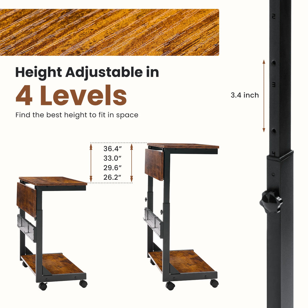 JHK 2-Tier Mobile Standing Sofa Desk 25IN Height Adjustable PC Stand with Folding Panel Rolling Computer Cart Desk For Home