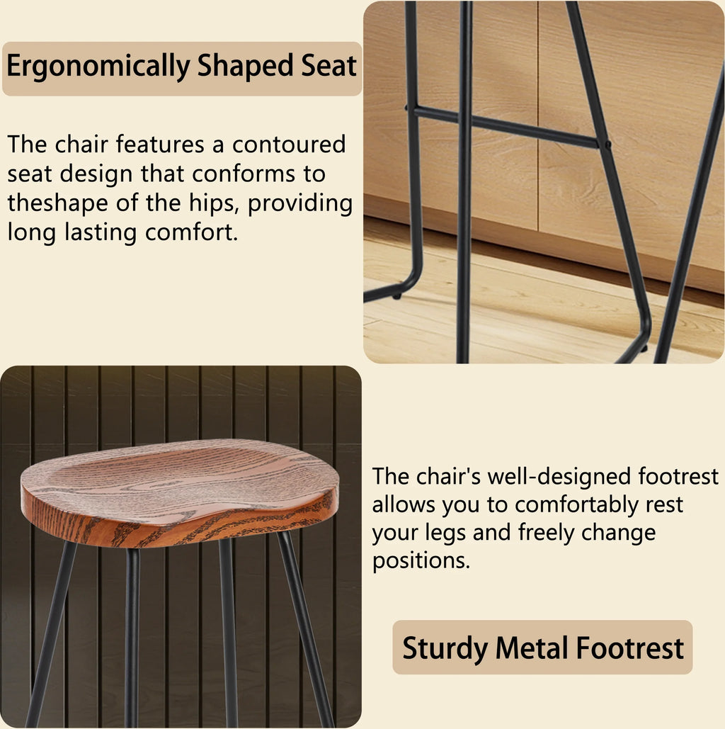 JHK 26 Inch Wood Saddle Seat Drawing Chair Bar Stools Counter Height Backless Counter Stools with Metal Legs for Office Home