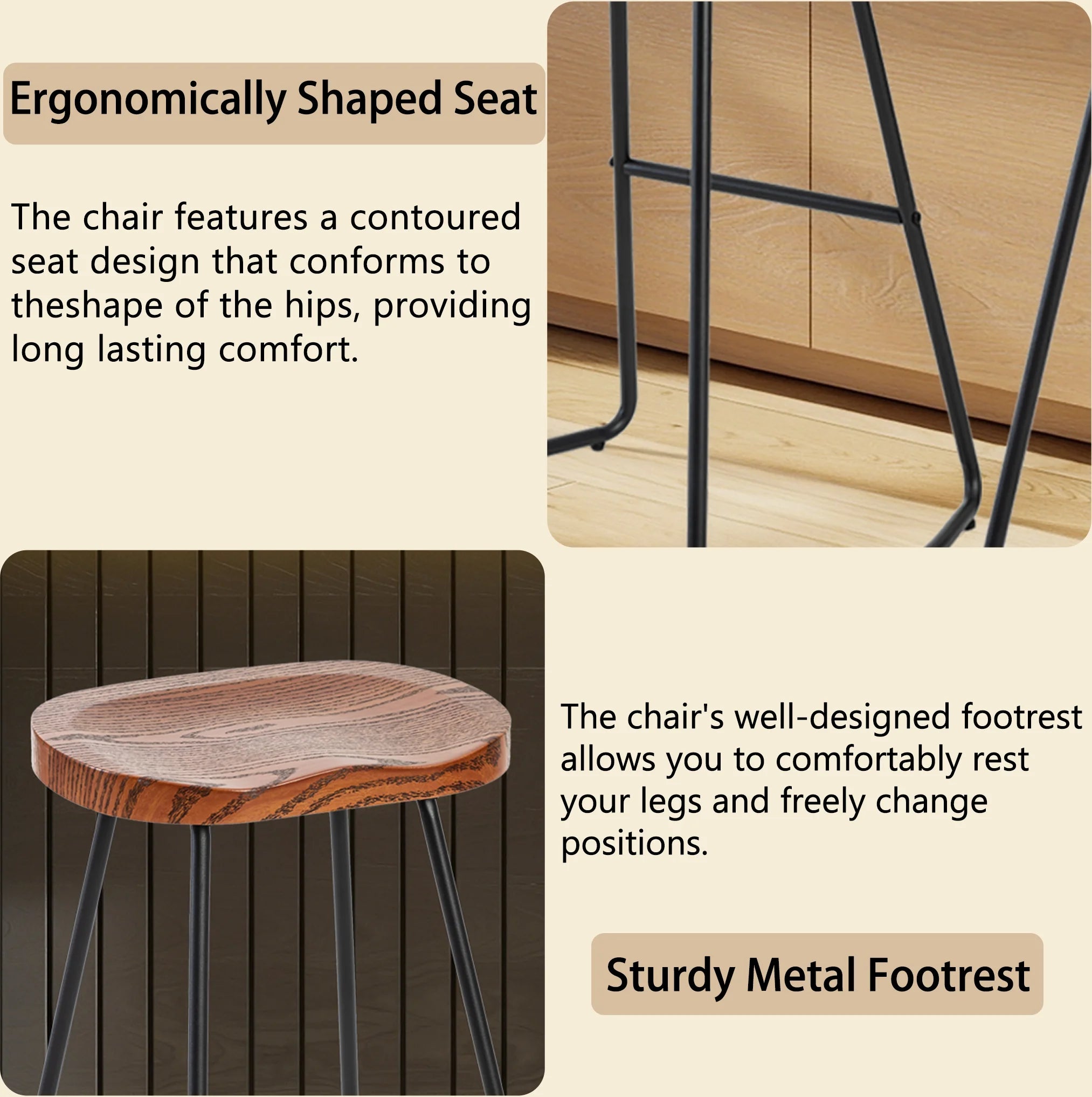 JHK 26 Inch Wood Saddle Seat Drawing Chair Bar Stools Counter Height Backless Counter Stools with Metal Legs for Office Home
