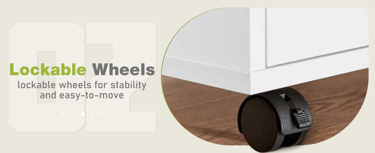 JHK Wood Nightstand Cabinet 5 Drawers Waterproof Surface Storage Organizer File Office Easy To Move Bedside Table Rotating Wheel