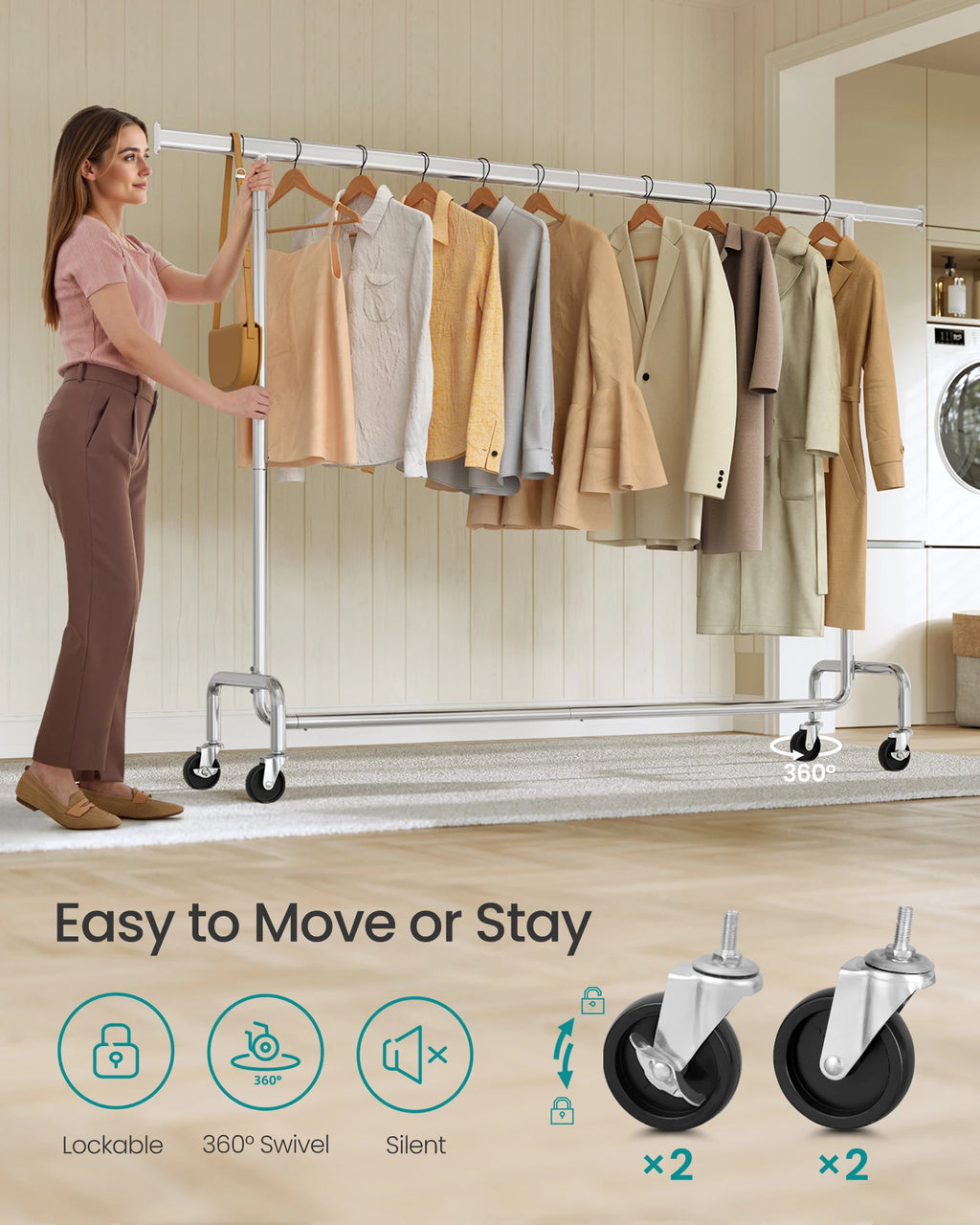 SONGMICS Clothes Rack with Wheels, Heavy-Duty Garment Rack with Extendable Hanging Rod, 243 lb Load Capacity, 17.7 x (63-78.7) x