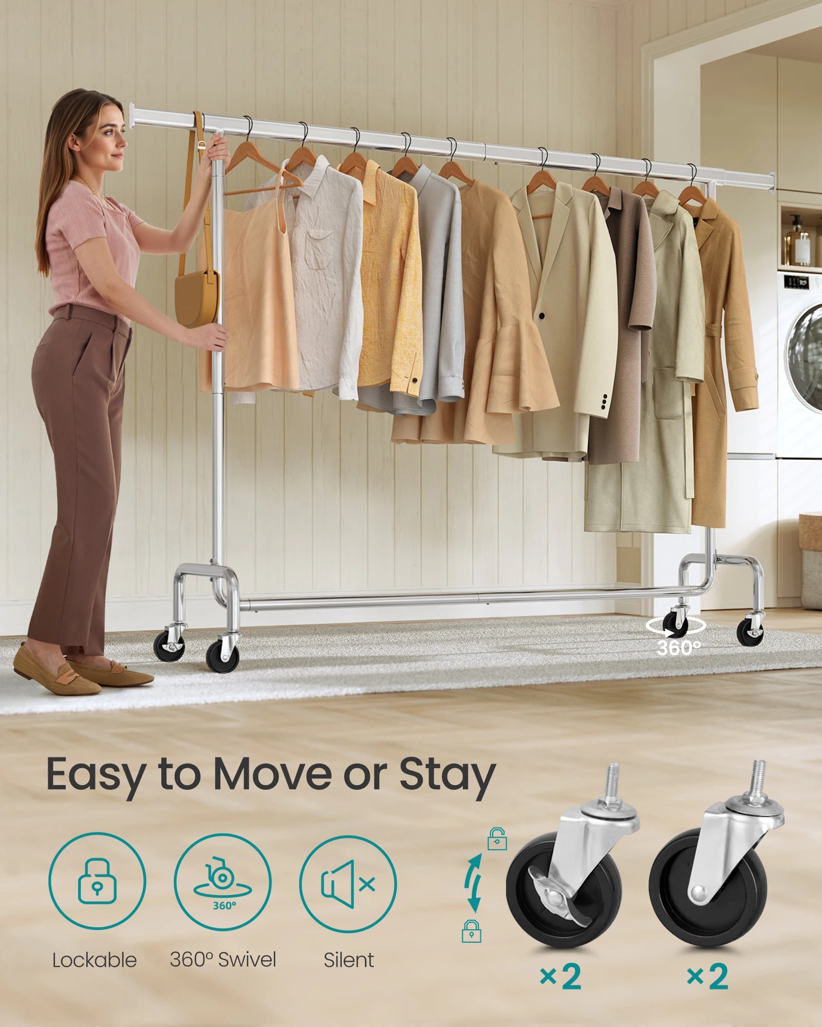 SONGMICS Clothes Rack with Wheels, Heavy-Duty Garment Rack with Extendable Hanging Rod, 243 lb Load Capacity, 17.7 x (63-78.7) x