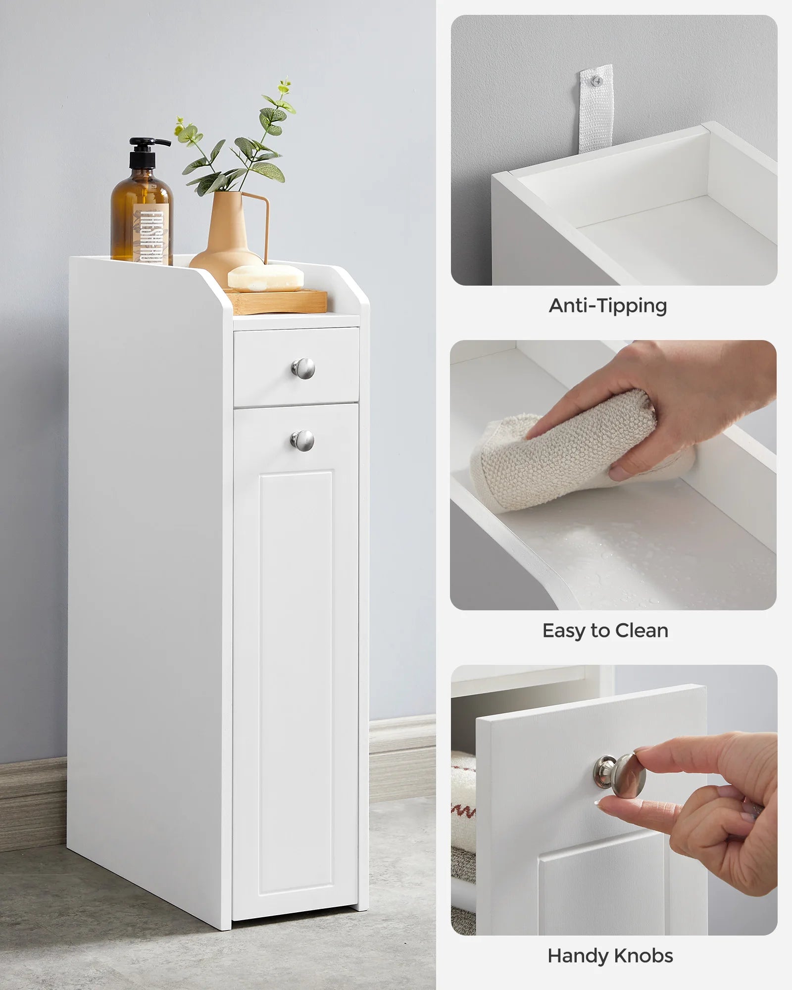 VASAGLE Slim Storage Cabinet, Narrow Storage Organizer with Slide Out Drawers, Freestanding Toilet Paper Holder, Small Space Ski
