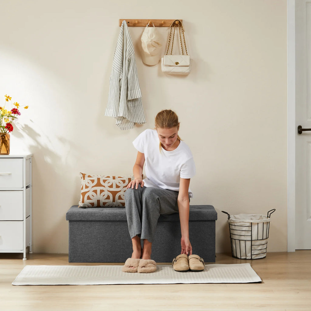 JHK Living Room Hidden Storage Footstool Toy Box Bedroom Bench Linen Fabric Easy Assemble Strong Load-bearing Capacity Stool