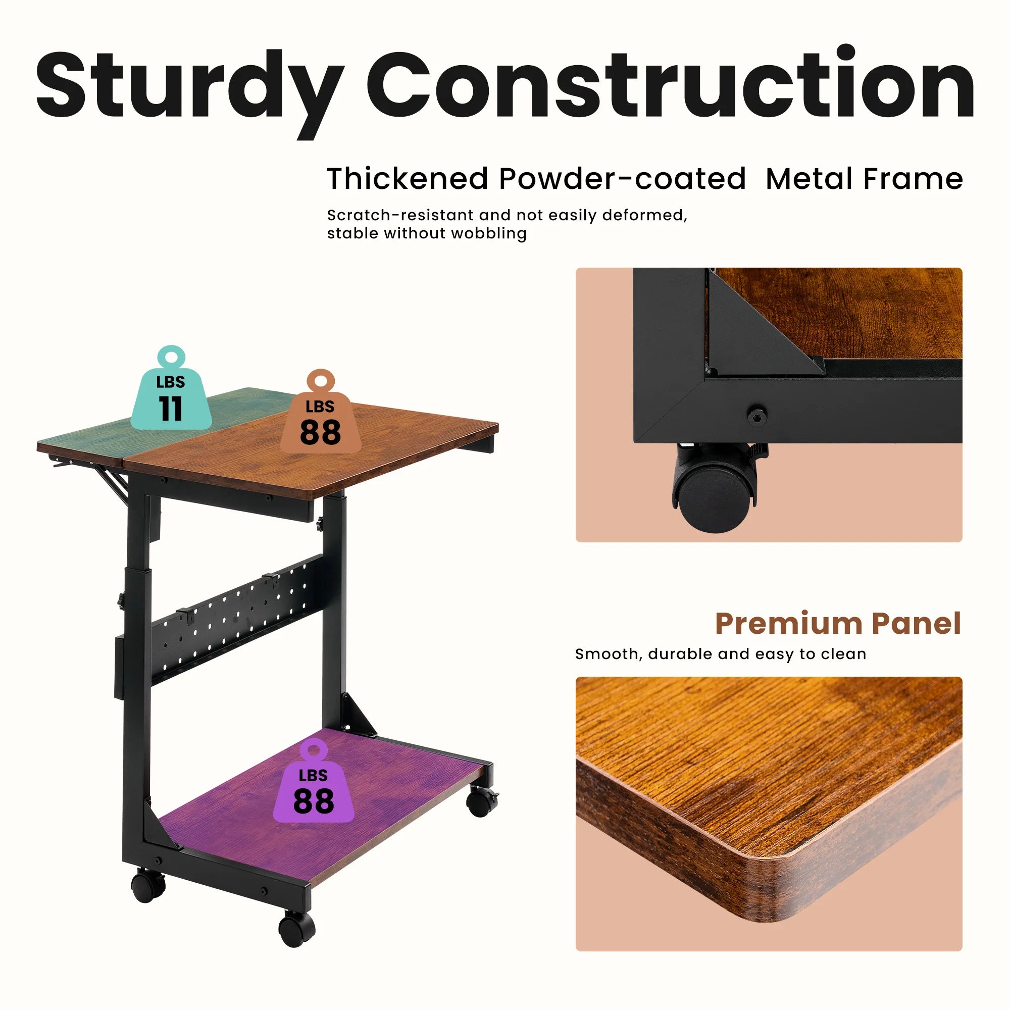 JHK 2-Tier Mobile Standing Sofa Desk 25IN Height Adjustable PC Stand with Folding Panel Rolling Computer Cart Desk For Home