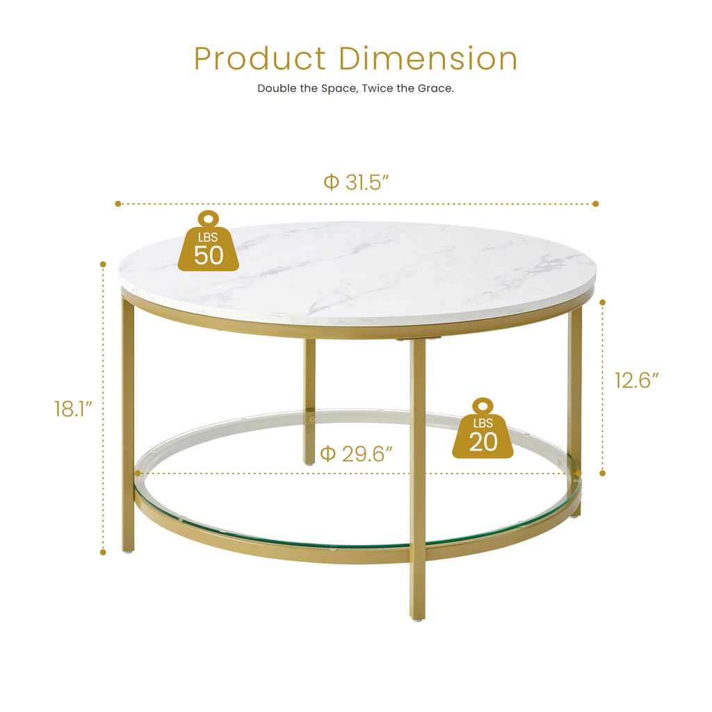 JHK 31IN Marble Round Coffee Table For Living Room 2-Tier Center Counter with Storage Metal Frame Glass Base Tables Modern