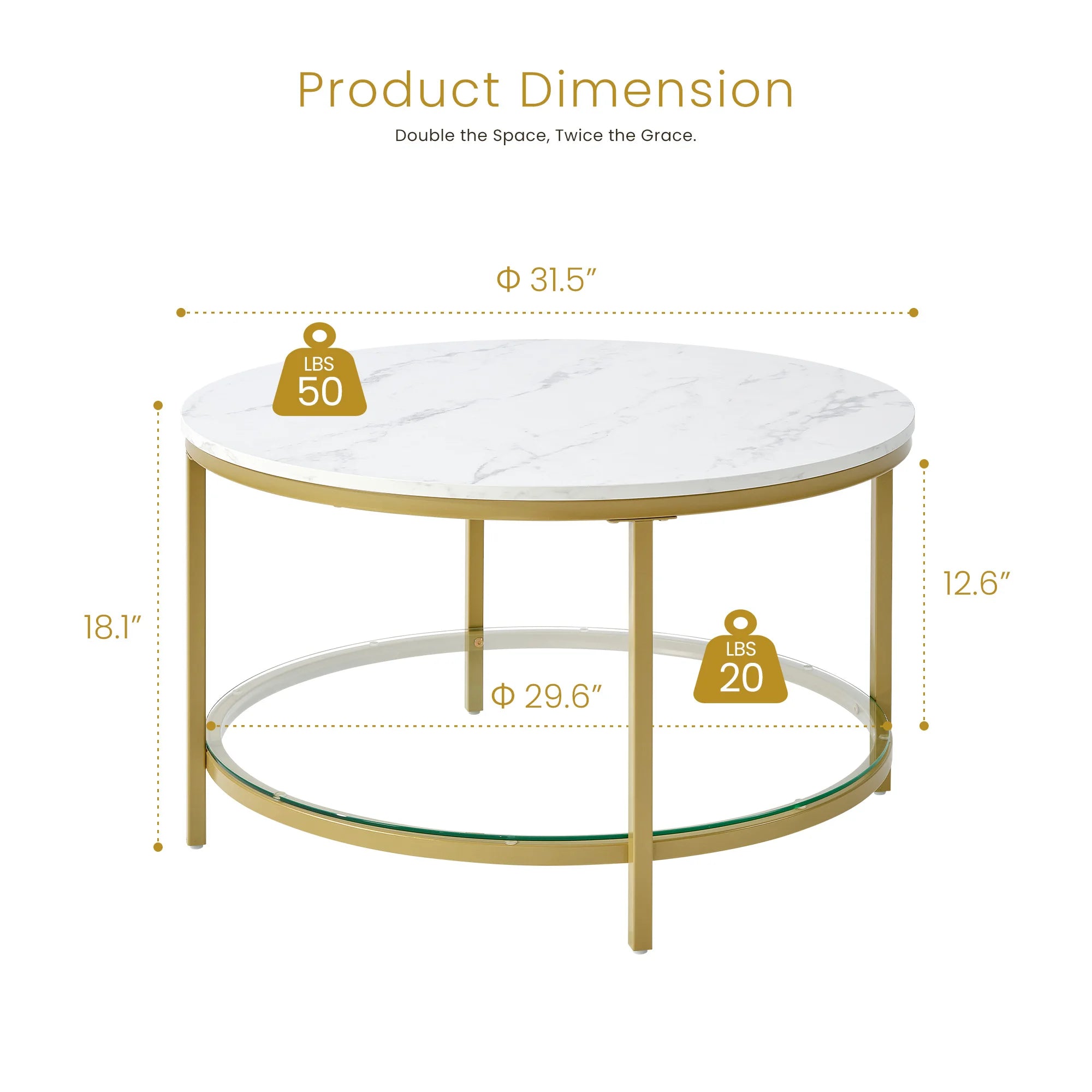 JHK 31IN Marble Round Coffee Table For Living Room 2-Tier Center Counter with Storage Metal Frame Glass Base Tables Modern