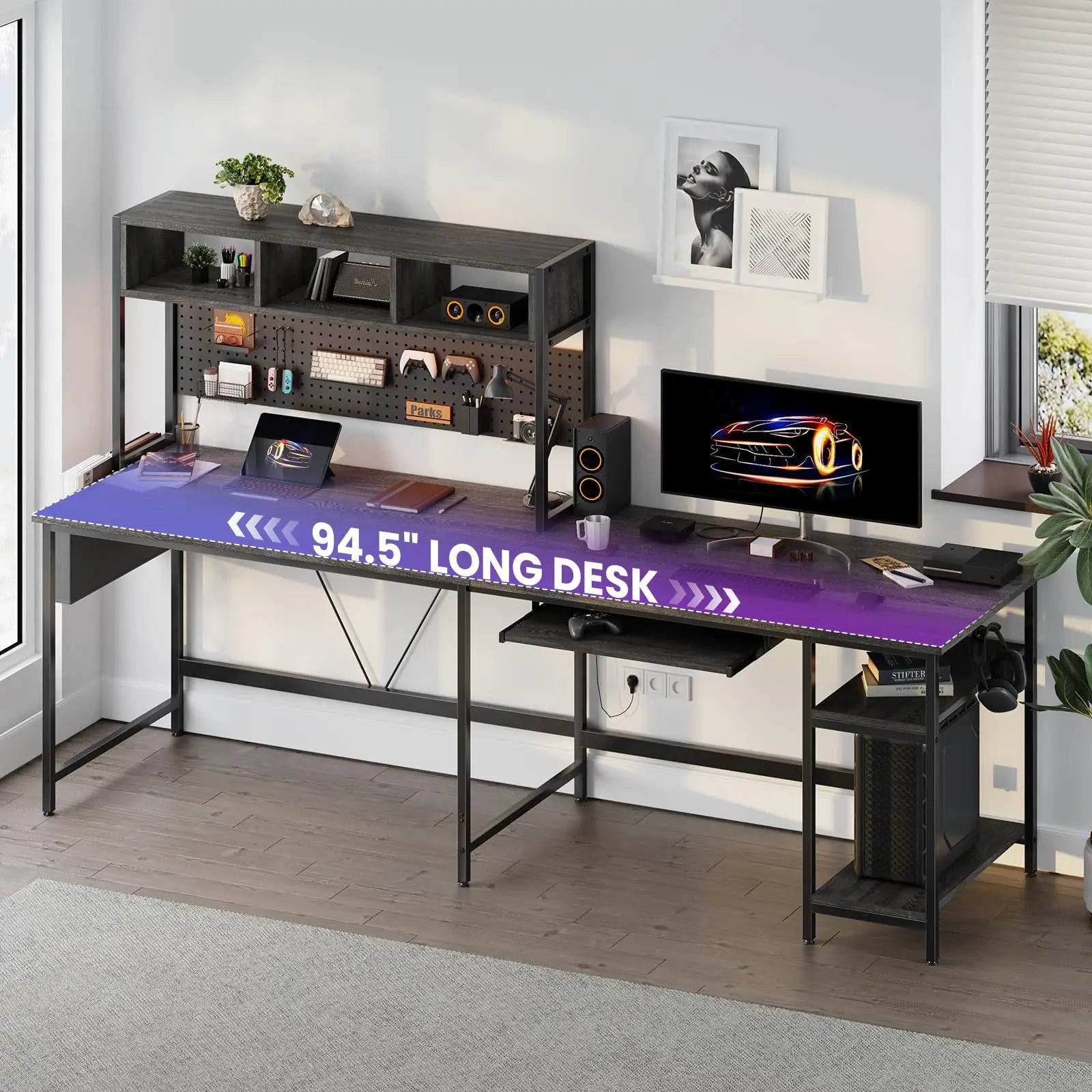 JHK 67IN L Shaped Reversible Gaming Desk with Led Lights Corner Table Keyboard Tray Side Bag Storage Shelf Wood Table for Office