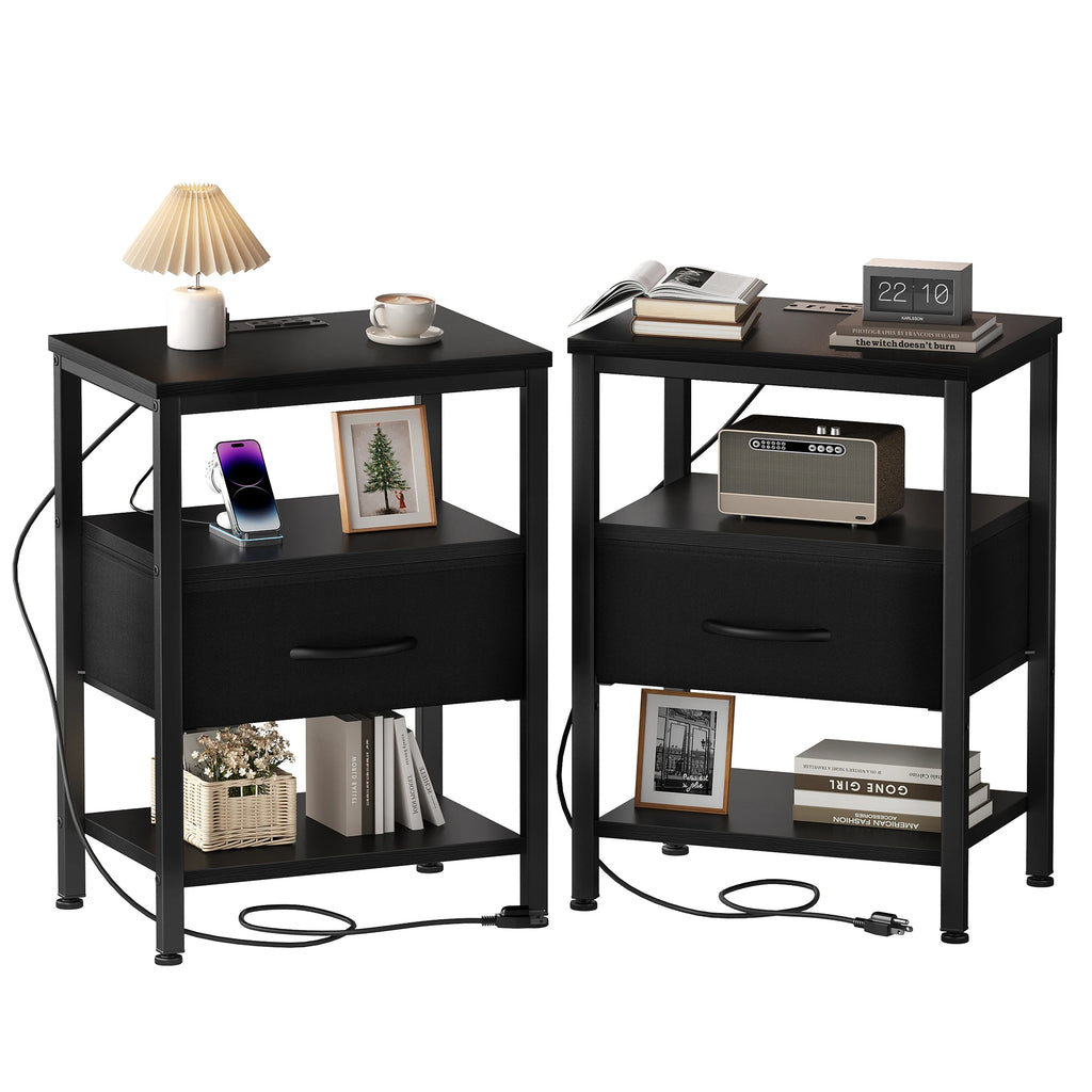 JHK 3-Tier Nightstand Set of 2 with Wireless Charging Station Bedside Tables with Adjustable Fabric Drawers Storage Open Shelf