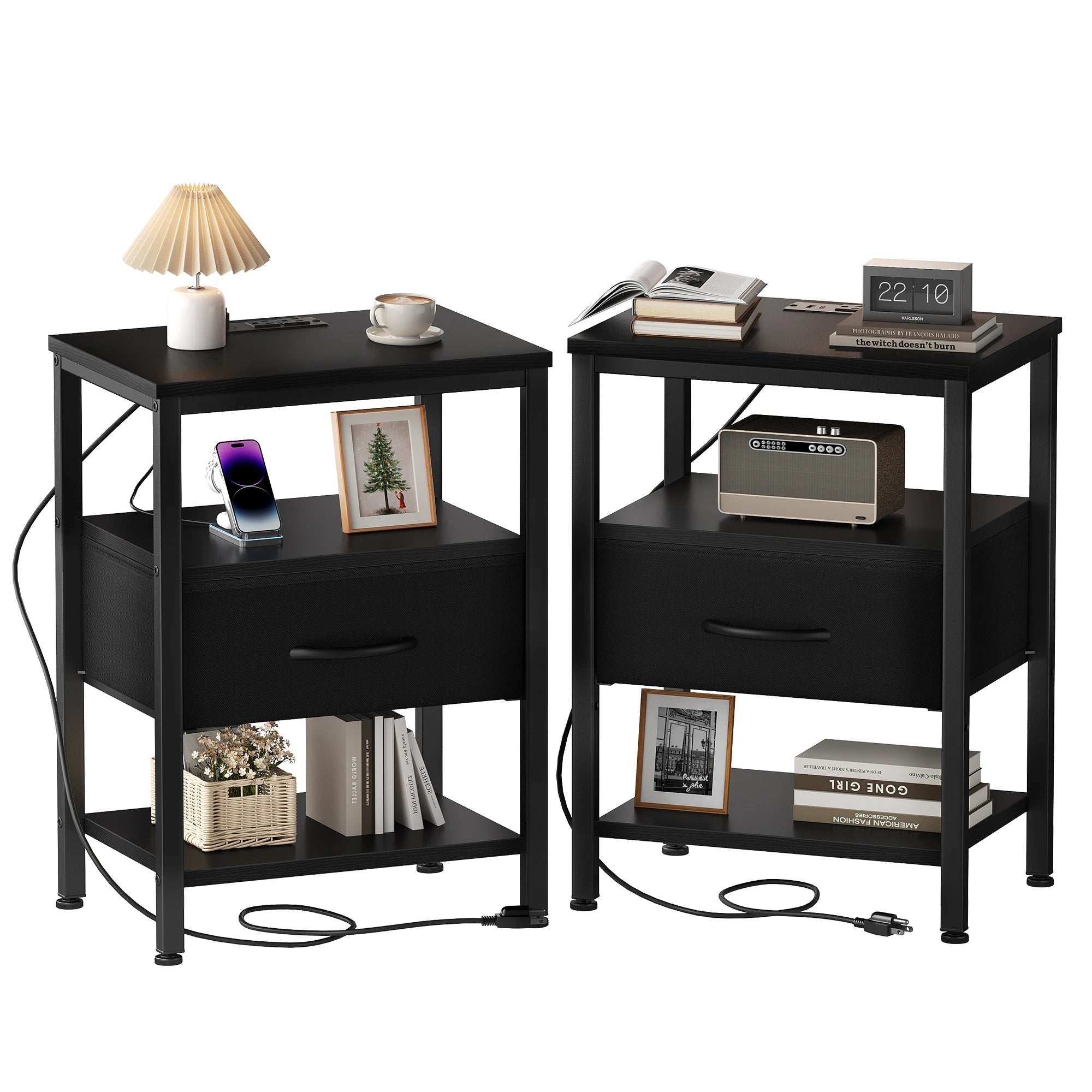 JHK 3-Tier Nightstand Set of 2 with Wireless Charging Station Bedside Tables with Adjustable Fabric Drawers Storage Open Shelf