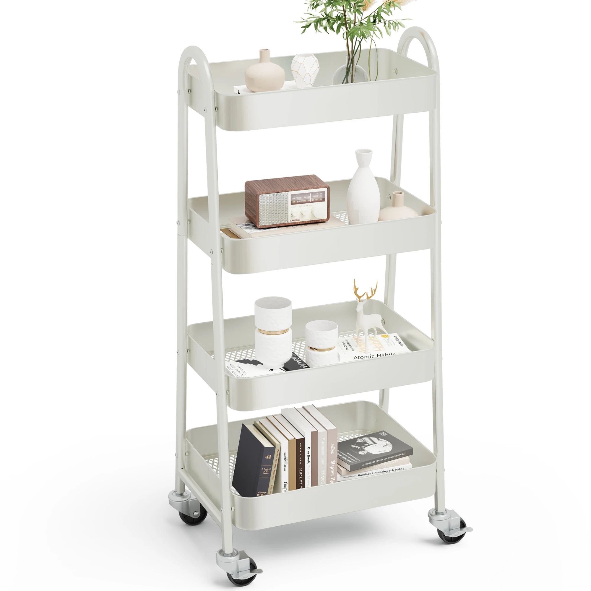 JHK 4 Tier Metal Storage Kitchen Cart with Lockable Wheels Mobile Shelving Unit Utility Rolling Organizer For Home Narrow Places