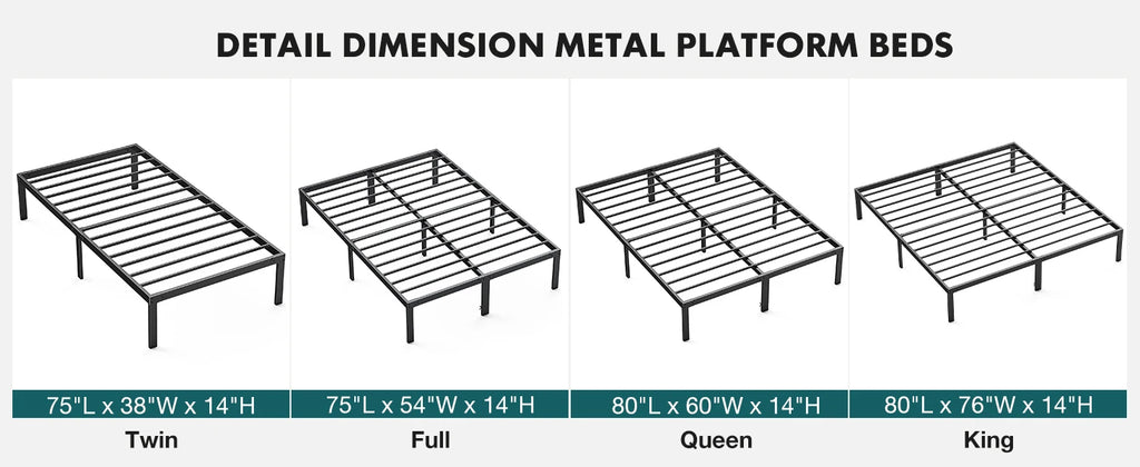 JHK Basic Twin Full Queen King Size Bed Frame Metal Platform Bedroom Frames with Storage Space Sturdy Steel Slat Support 350LBS