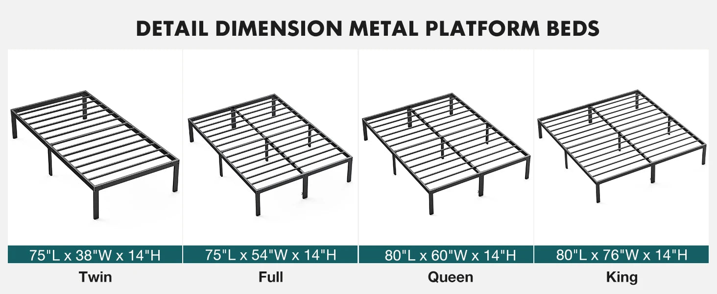 JHK Basic Twin Full Queen King Size Bed Frame Metal Platform Bedroom Frames with Storage Space Sturdy Steel Slat Support 350LBS